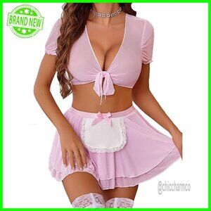 Sexy Maid Lingerie Set with Crop Top Mini Skirt Thong Small Mesh